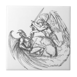Azulejo De Cerámica Demonio que lucha del ángel sobre tatuaje del