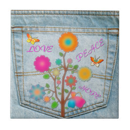 Azulejo De Cerámica Denim Back Pocket Flowers Peace Love Hope