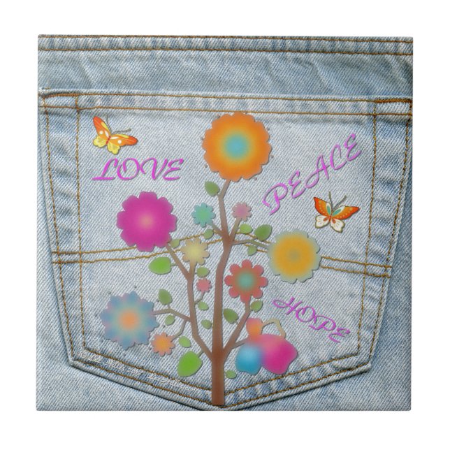 Azulejo De Cerámica Denim Back Pocket Flowers Peace Love Hope (Frente)