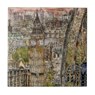 Azulejo De Cerámica Destinos  Watercolor Big Ben & London Eye