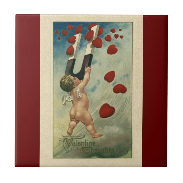 Azulejo De Cerámica Día de San Valentín antiguo, Querubín con Corazone (Frente)