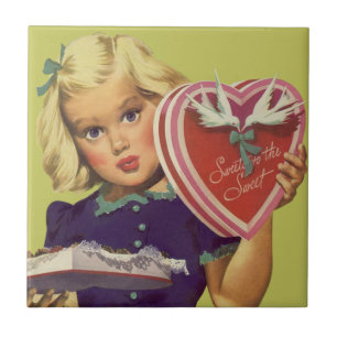 Azulejo De Cerámica Día de San Valentín Antiguo y Bonito, Niña con Cho