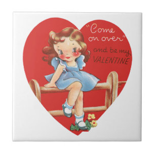 Azulejo De Cerámica Día de San Valentín Retro, Chica Vintage en una Va