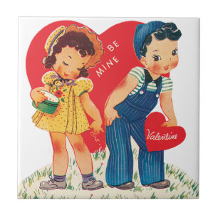 Azulejo De Cerámica Día de San Valentín Retro, Corazones de Niña y Niñ