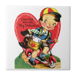 Azulejo De Cerámica Día de San Valentín Retro, Niño Antiguo en un Pati