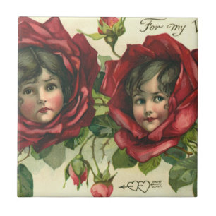 Azulejo De Cerámica Día de San Valentín vintage, rostros victorianos e