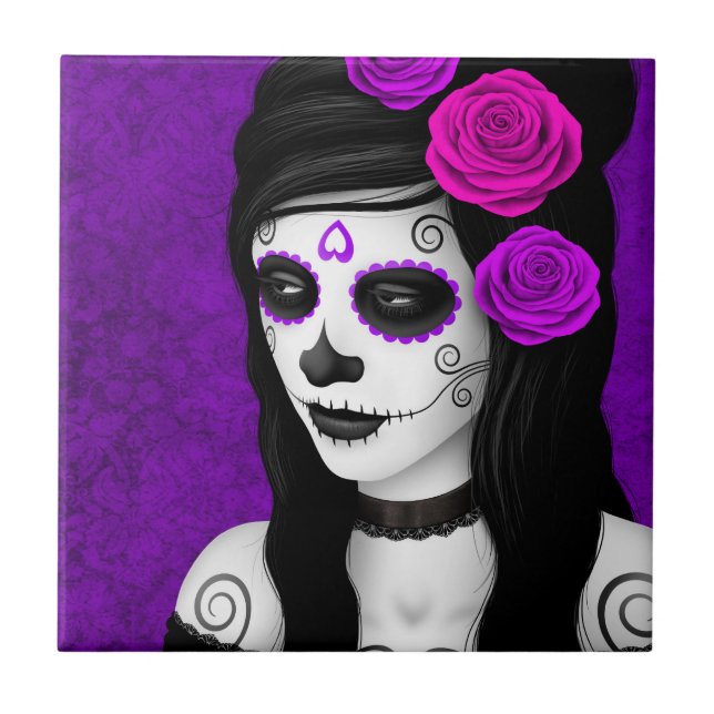 Azulejo De Cerámica Día del chica muerto con los rosas púrpuras (Frente)