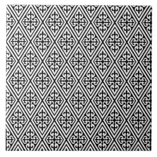 Azulejo De Cerámica Diamantes medievales de Damasco, blanco y negro