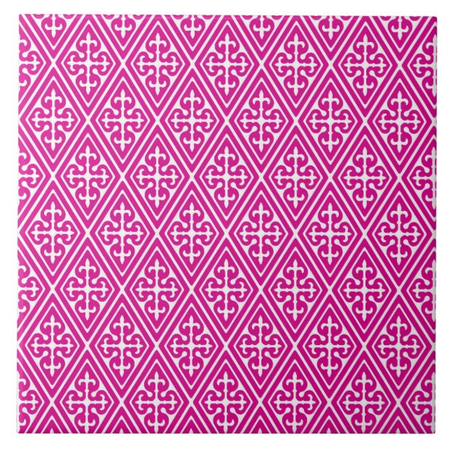 Azulejo De Cerámica Diamantes medievales de Damasco, magenta y blanco (Frente)