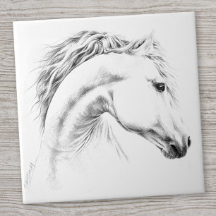 Azulejo De Cerámica Dibujo de lápiz de retrato de caballo Arte ecuestr