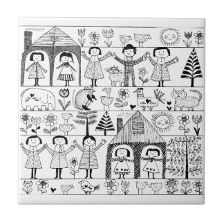 Azulejo De Cerámica Dibujo del arte popular del niño de niños y de