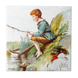 Azulejo De Cerámica Dibujo del vintage: Pesca del muchacho en un río