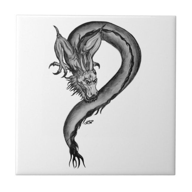 Azulejo De Cerámica Diseño blanco y negro de Dragon (Frente)