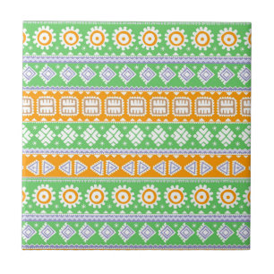 Azulejo De Cerámica Diseño de patrones étnicos naranja verde lindo