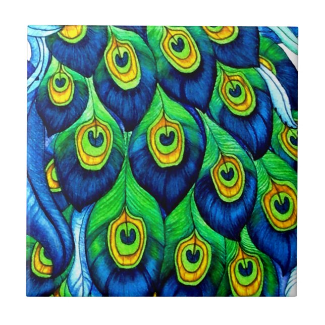 Azulejo De Cerámica Diseño de plumas de pavo real (Frente)