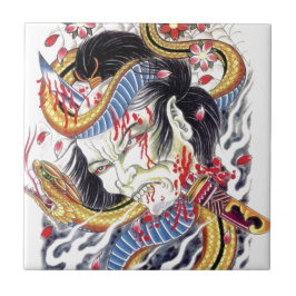 Azulejo De Cerámica Diseño de tatuaje grotesco y de serpiente
