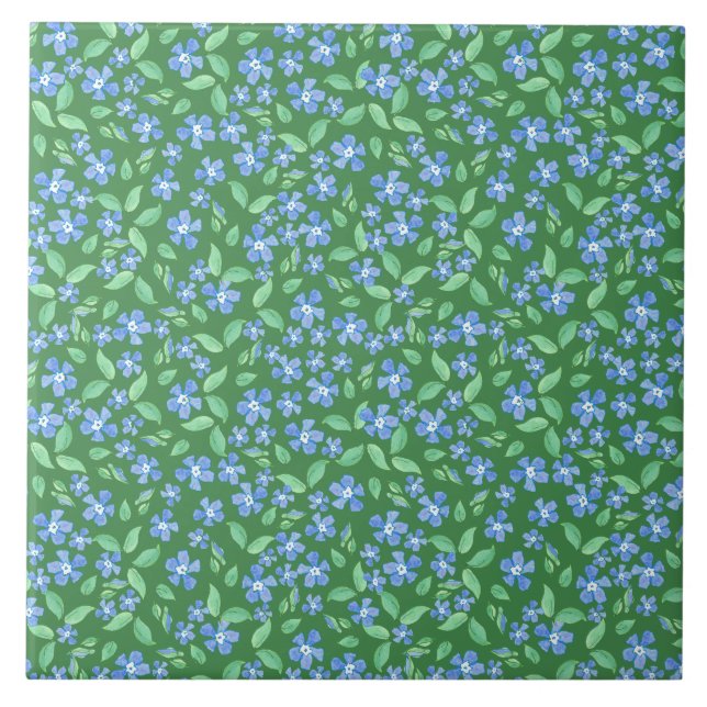 Azulejo De Cerámica Ditsy Blue Periwinys en floral verde (Frente)