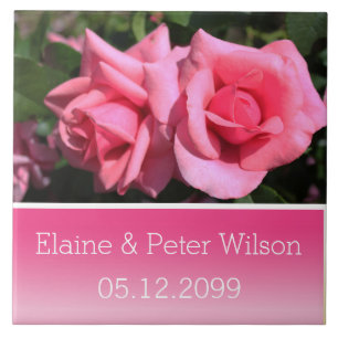 Azulejo De Cerámica Doble rosa flores rosa caliente boda aniversario