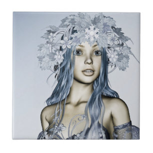 Azulejo De Cerámica Doncella de Nieve Azul Retrato de Fantasía Inverna