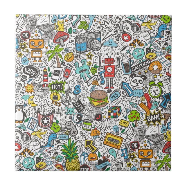 Azulejo De Cerámica Doodle cómico de Popart (Frente)