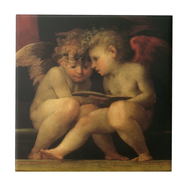 Azulejo De Cerámica Dos cherubres leyendo por Rosso Fiorentino, ángele (Frente)