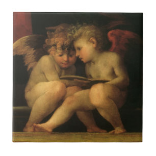 Azulejo De Cerámica Dos querubines leyendo por Rosso Fiorentino, Ángel