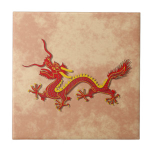 Azulejo De Cerámica Dragón chino del rojo y del oro que cocina la tej