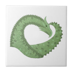 Azulejo De Cerámica Dragón de corazón verde oliva en blanco