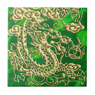Azulejo De Cerámica Dragón de Oro Repujado sobre Satén Verde