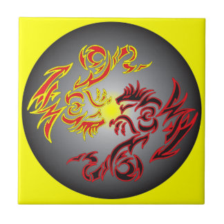 Azulejo De Cerámica dragón gemelo rojo de la luna