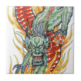 Azulejo De Cerámica Dragón japonés y flor de loto