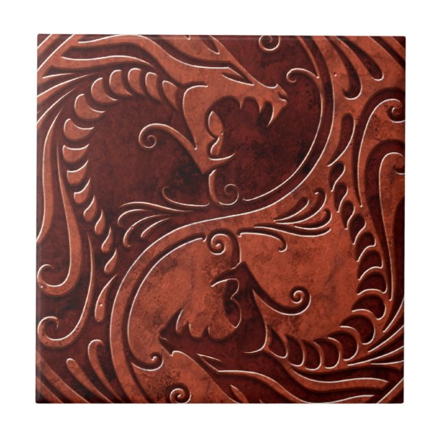 Azulejo De Cerámica Dragones de piedra rojos de Yin Yang (Frente)