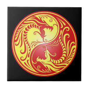 Azulejo De Cerámica Dragones, rojo y amarillo de Yin Yang