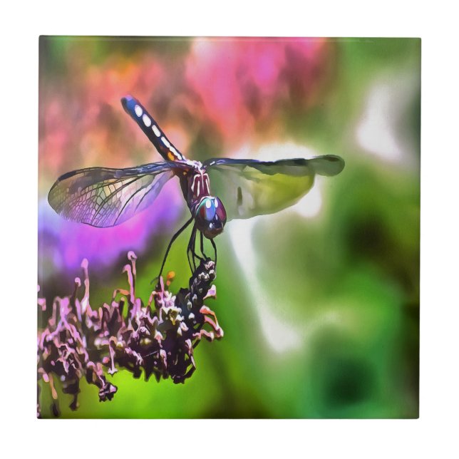 Azulejo De Cerámica Dragonfly en pintura realista verde y azul (Frente)