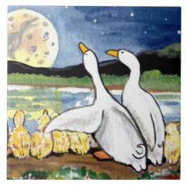 Azulejo De Cerámica Ducklings Family Duck Watch Moon 6" Tile Trivet