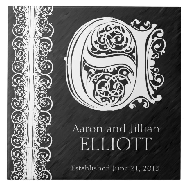 Azulejo De Cerámica E Monograma "Lazo blanco sobre negro" Boda Tile (Frente)