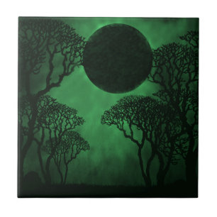 Azulejo De Cerámica Eclipse de bosque oscuro en mosaico, verde