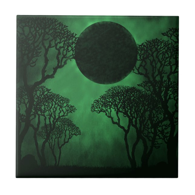Azulejo De Cerámica Eclipse de bosque oscuro en mosaico, verde (Frente)