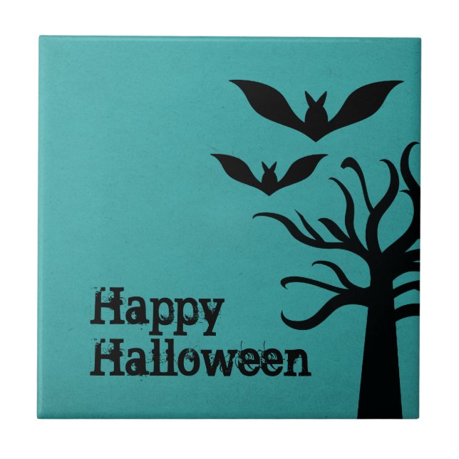 Azulejo De Cerámica Eerie Bats Halloween Tile, Aqua (Frente)