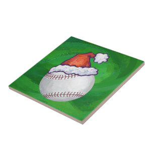 Azulejo De Cerámica El béisbol en Santa Hat en Green