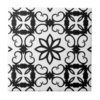 Azulejo De Cerámica El caleidoscopio de flor blanca y negra
