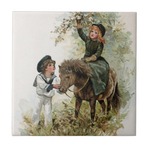 Azulejo De Cerámica El chica monta el vintage del potro de Shetland