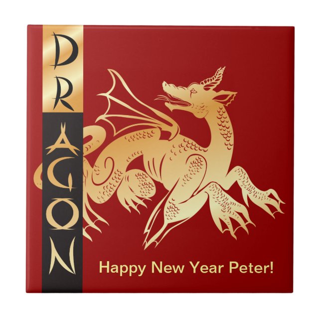 Azulejo De Cerámica El círculo del dragón dorado en el mosaico (Frente)