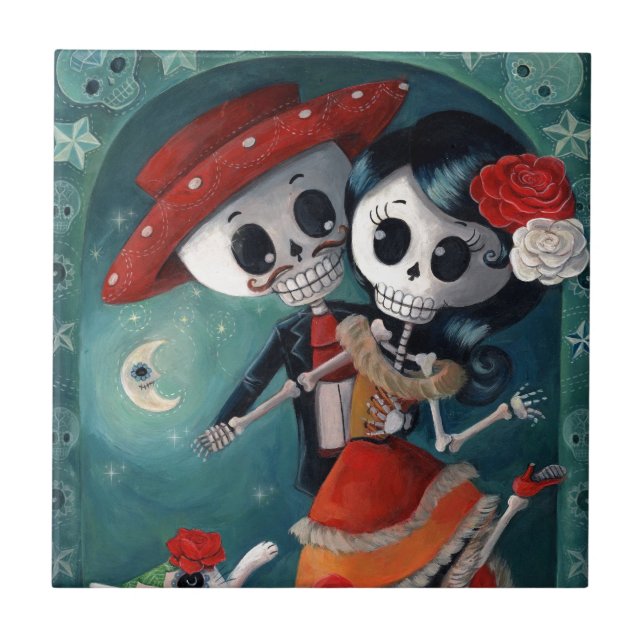 Azulejo De Cerámica El día de los amantes esqueléticos muertos (Frente)
