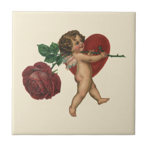 Azulejo De Cerámica El día de San Valentín de la época Cherub y Rosa v