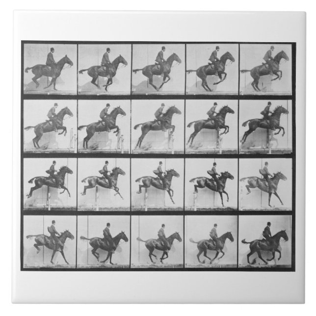 Azulejo De Cerámica El hombre y el caballo que saltan una cerca, (Frente)