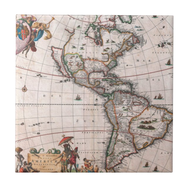 Azulejo De Cerámica El mapa de Visscher del Nuevo Mundo (Frente)