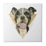 Azulejo De Cerámica El "perrito observa" la acuarela del perro del<br><div class="desc">Ésta es una pintura de la acuarela de un perrito blanco y negro del pitbull. Es un cierre para arriba del perro con los ojos de mirada esperanzados grandes. Añadí un marco del triángulo en el fondo del falso purpurina del oro.</div>
