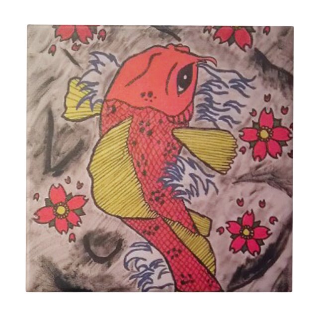 Azulejo De Cerámica El tatuaje inspiró los pescados de Koi (Frente)