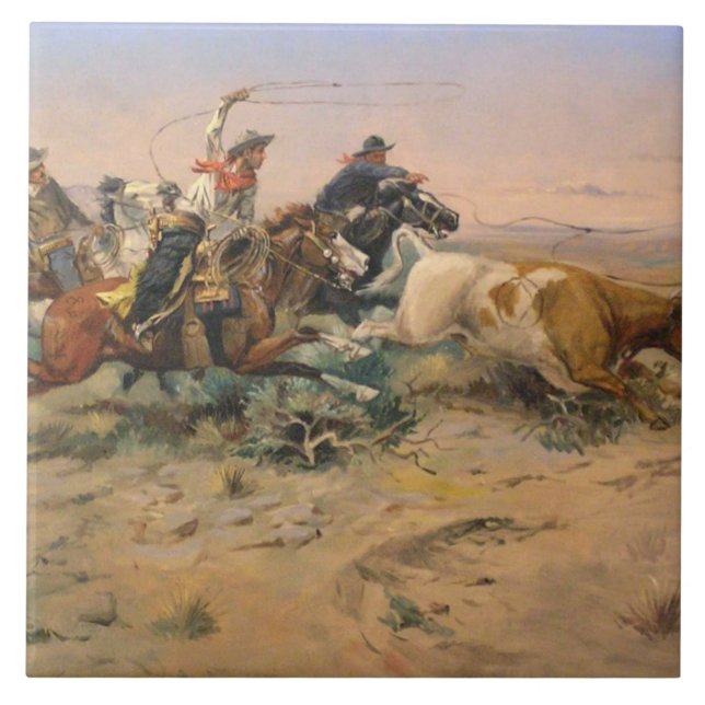 Azulejo De Cerámica El terraplén por Charles Marion Russell (Frente)